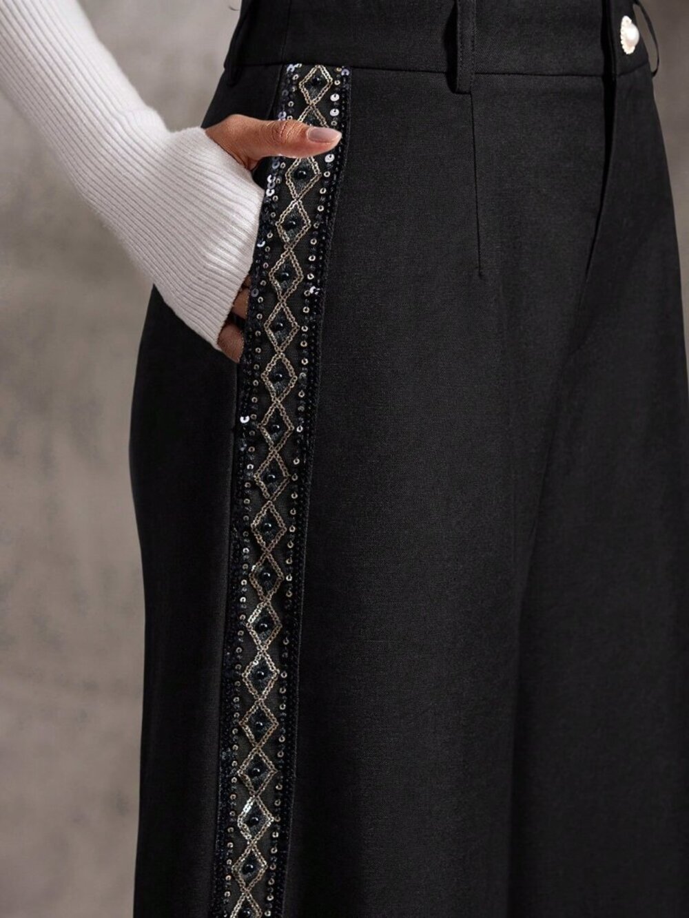 Black Elegant Women's Formal Straight Leg Sequin Embroidery Pants